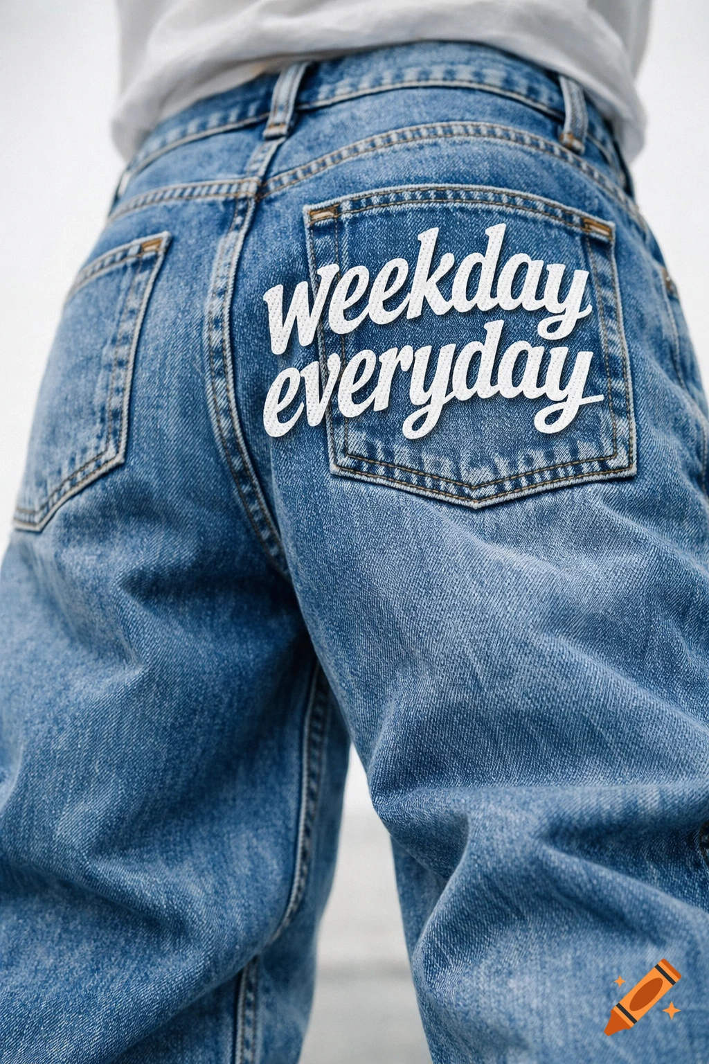 Back view of a person wearing blue baggy jeans with 'Weekday everyday' written on the right back pocket, photorealistic.