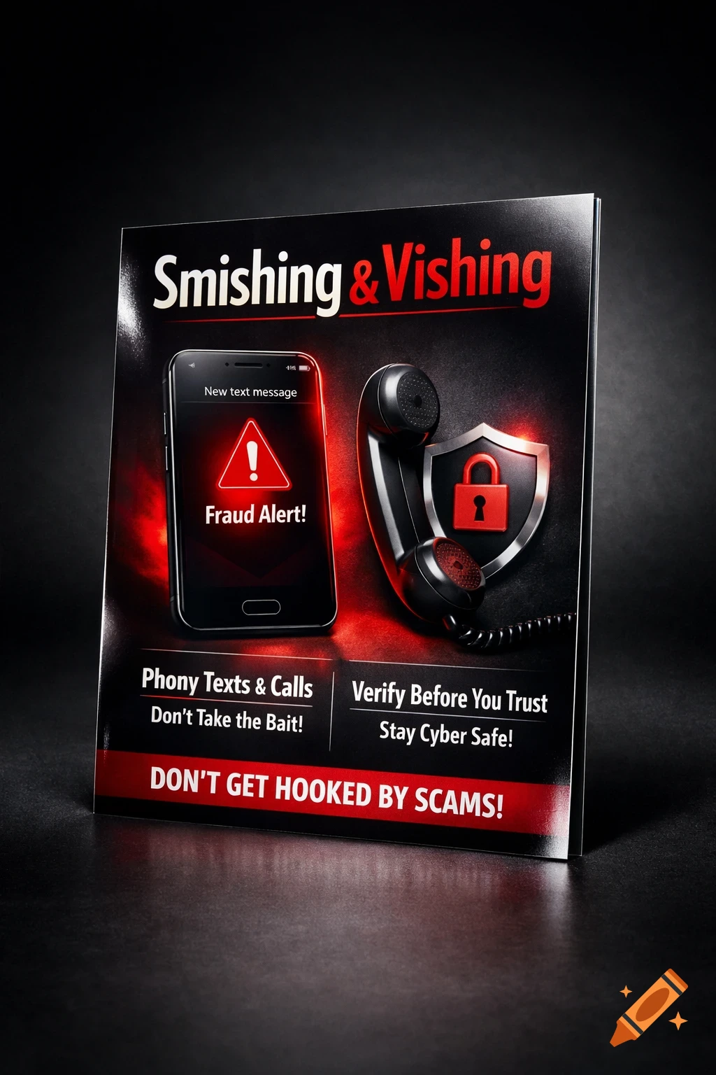 Realistic studio photo of a 'Smishing & Vishing' cybersecurity poster with a phone showing 'Fraud Alert!' and a phone receiver with a shield.