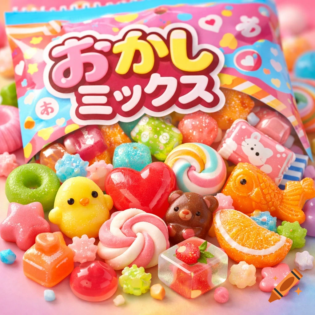 Colorful assorted Japanese candies in various shapes like a chick, bear, heart, star, and fruit slices spilling from a pink package with Japanese text.