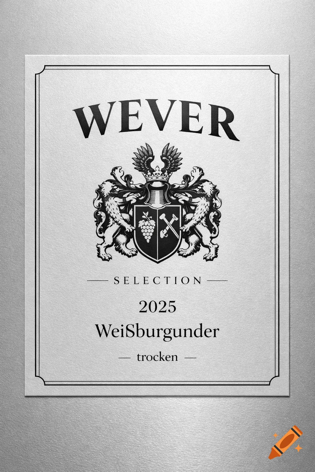 A black and white wine label for "WEVER" Weißburgunder 2025, featuring a detailed heraldic coat of arms with a shield, crown, and lions, on a textured background.