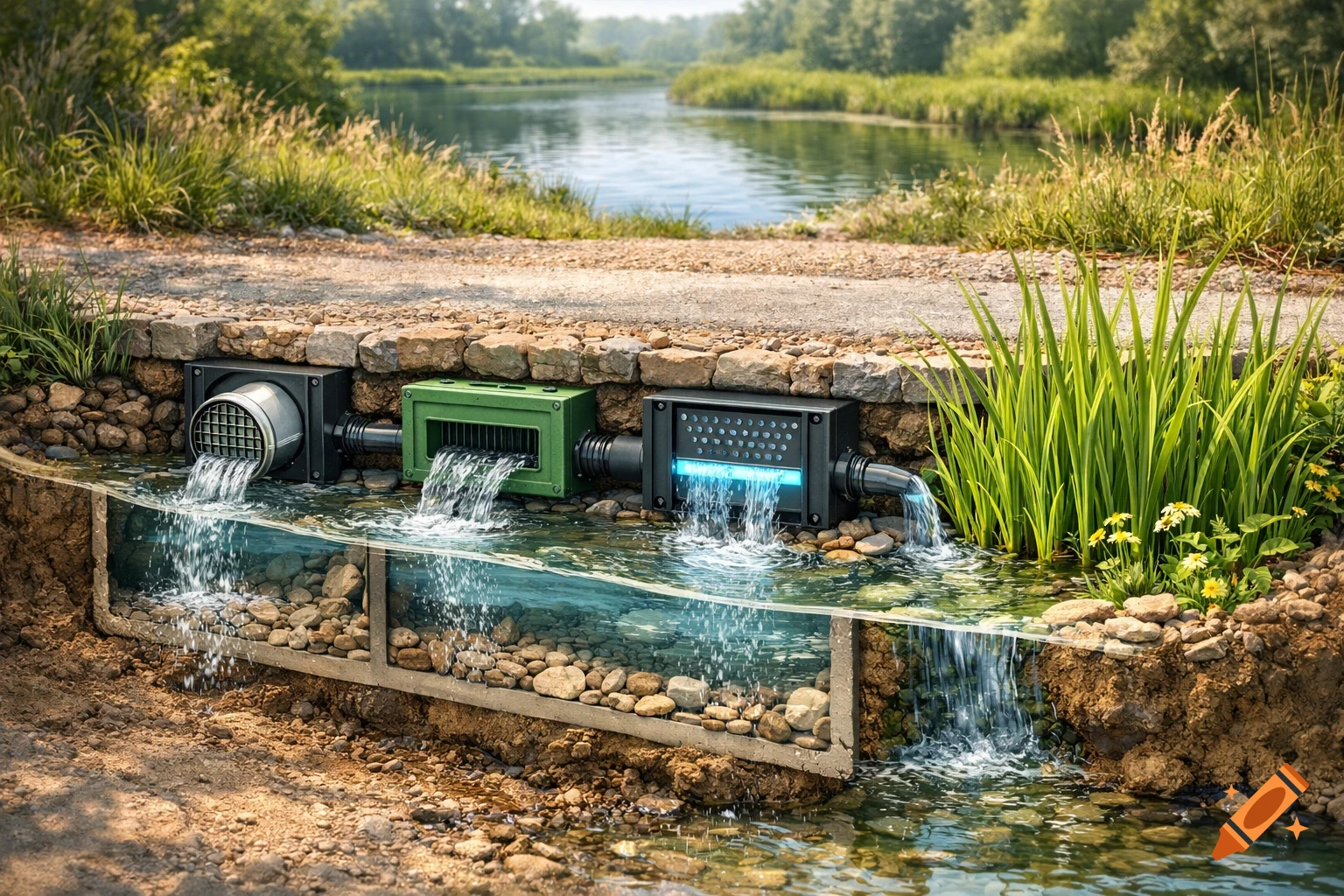 A photorealistic cross-section of a water filtration system with pipes and boxes, by a river bank with reeds.
