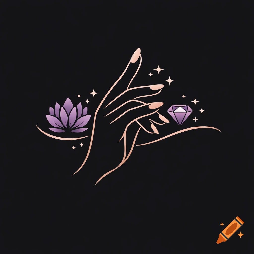 A stylized logo featuring a feminine hand with painted nails, a purple lotus flower, and a purple diamond, all outlined in rose gold against a black background.