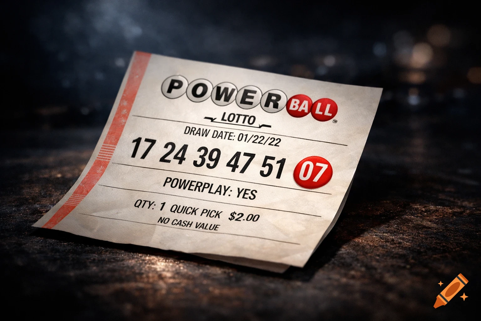 Photorealistic close-up of a crumpled Powerball lottery ticket with winning numbers 17, 24, 39, 47, 51, and Powerball 07.