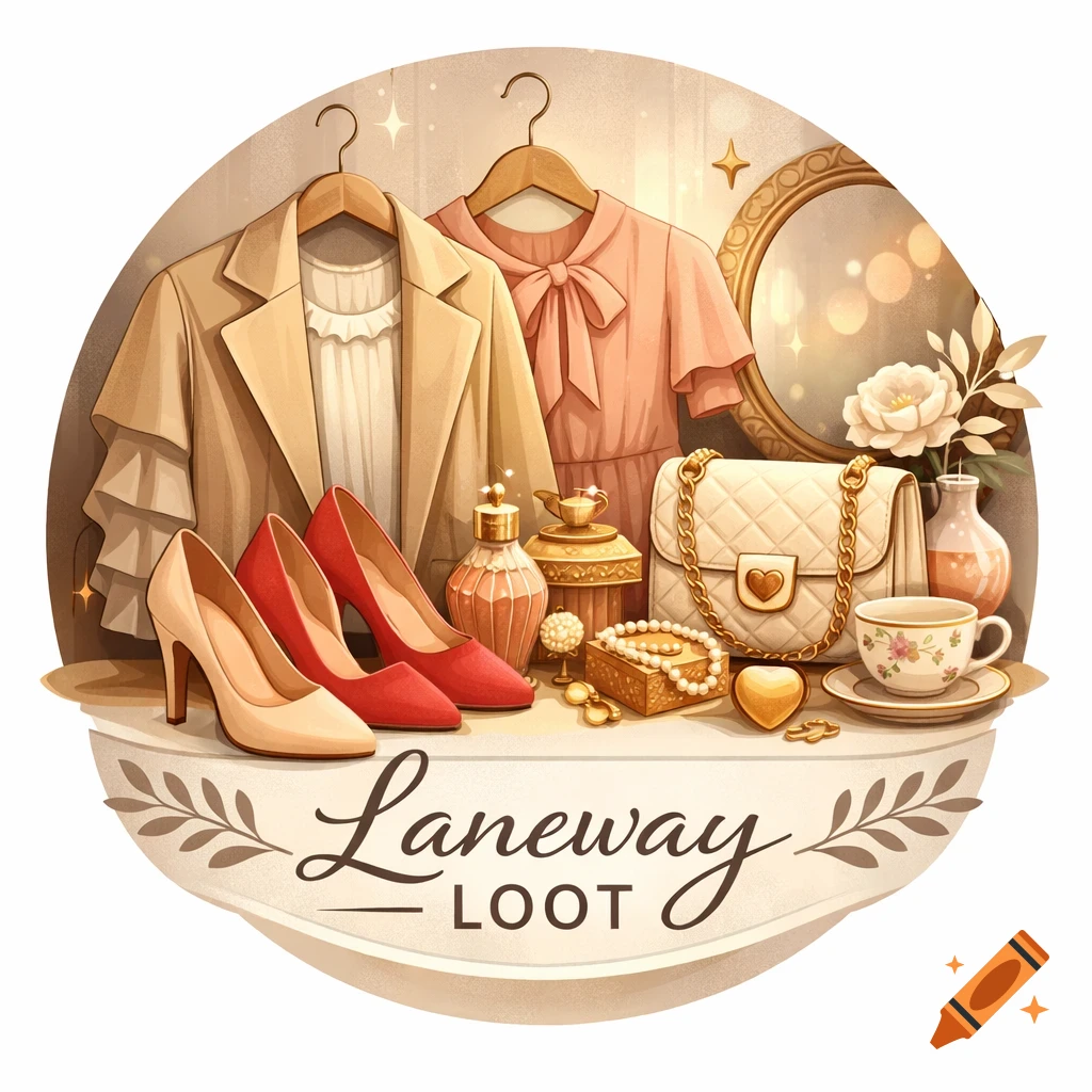 An illustration of women's fashion items: a blazer, dress, red and beige heels, a quilted handbag, jewelry, and perfume, with "Laneway LOOT" text below.