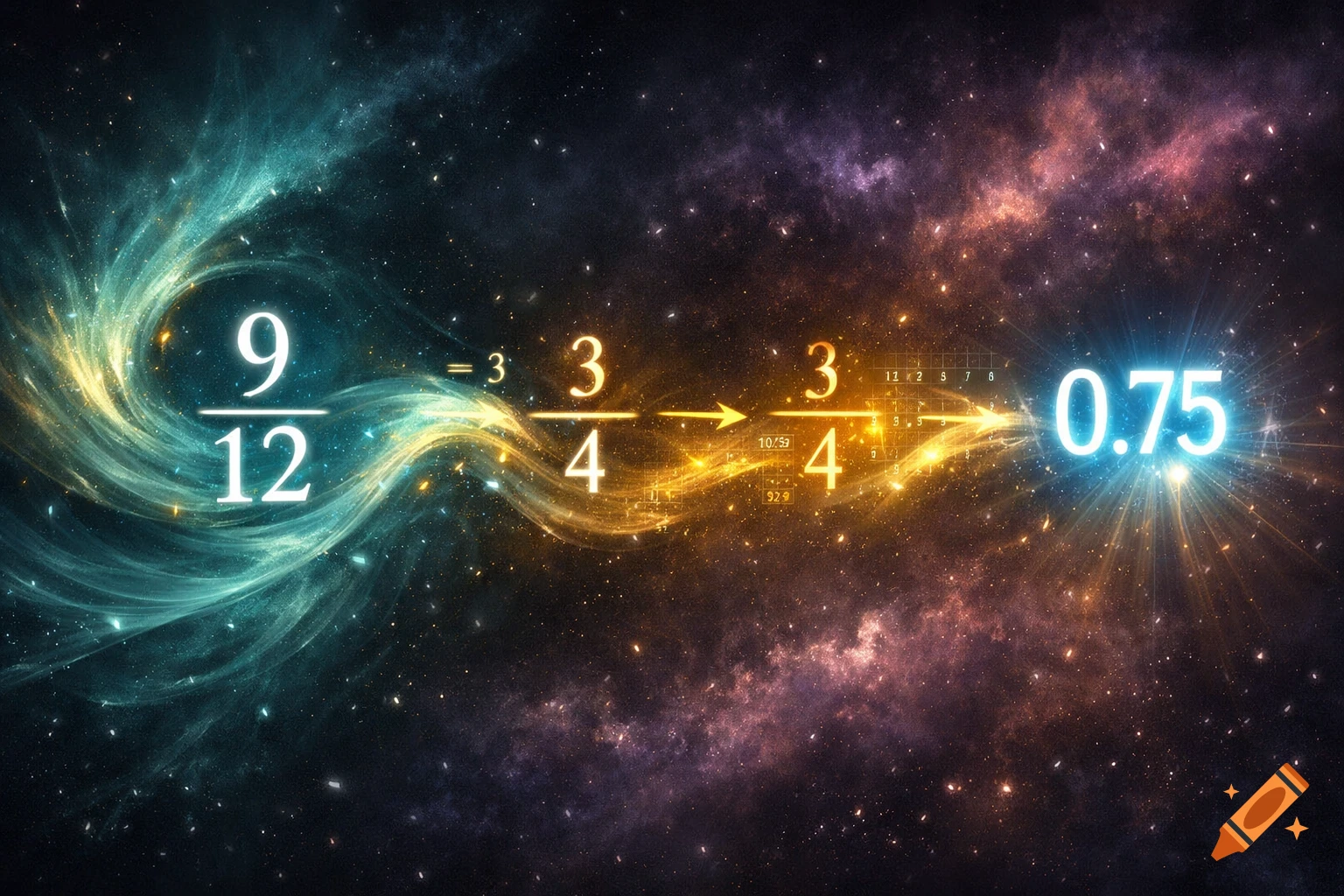 A cosmic scene with glowing mathematical fractions 9/12 and 3/4 transitioning to the decimal 0.75, representing a conversion.