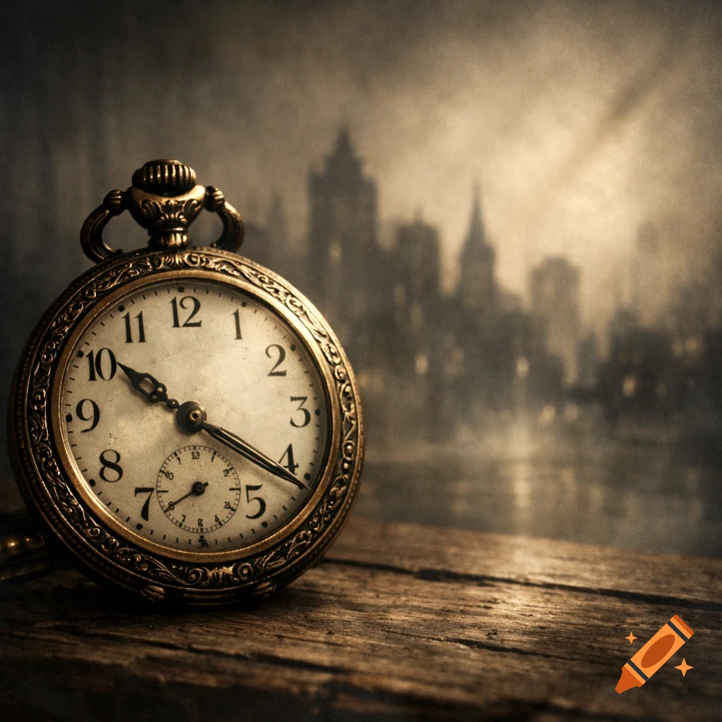 Antique golden pocket watch on a rustic wooden table, with a blurry, sepia-toned city skyline in the background.
