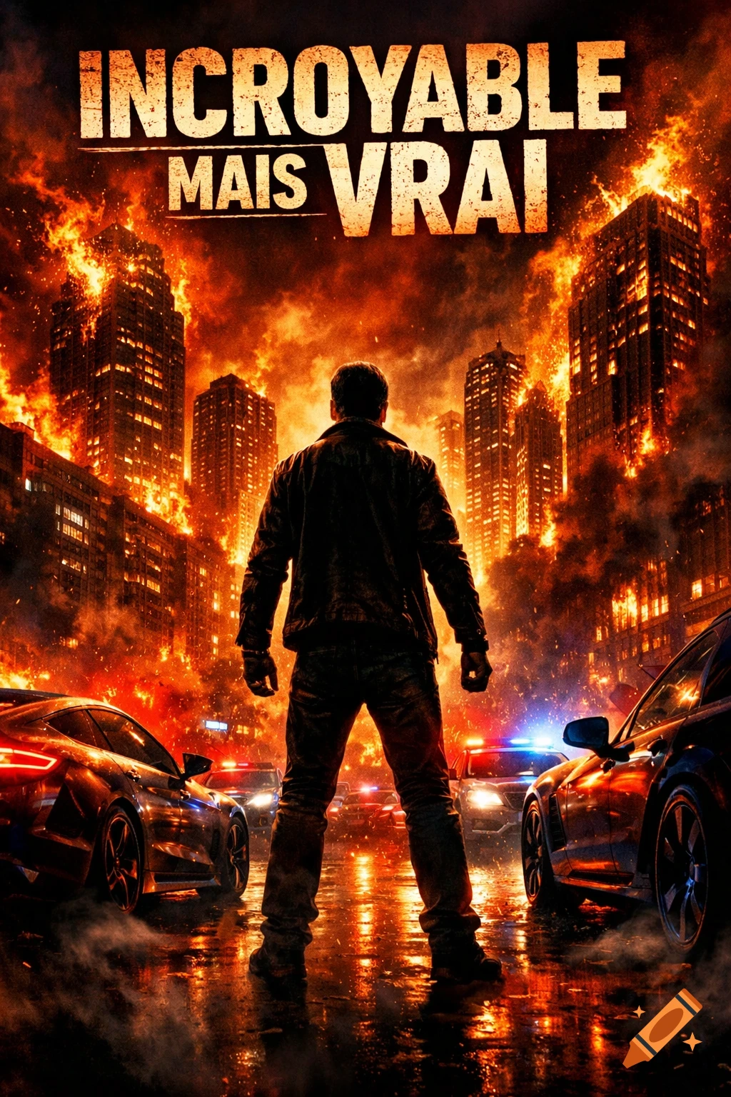 A man faces a burning city skyline with police cars. Text 'INCROYABLE MAIS VRAI' at the top. Dramatic movie poster.
