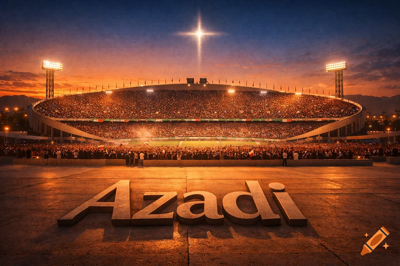 Azadi Stadium at twilight, packed with a cheering crowd under an orange sunset sky with a cross-shaped glow. "Azadi" is carved into the ground.