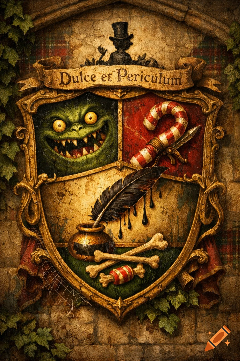 A dark fantasy crest features a grinning green monster, a candy cane knife, bones, a quill with black ink, and a banner with 'Dulce et Periculum', all set against a textured, ivy-covered wall.