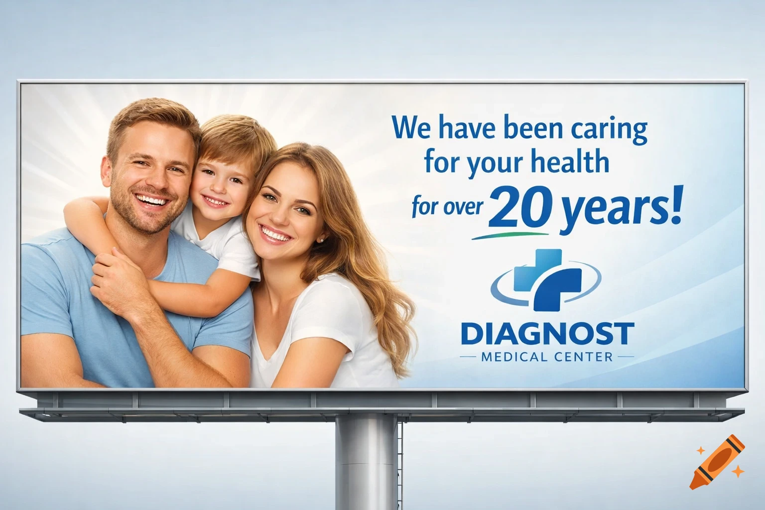 A billboard advertises Diagnost Medical Center with a smiling family and text 'We have been caring for your health for over 20 years!'.