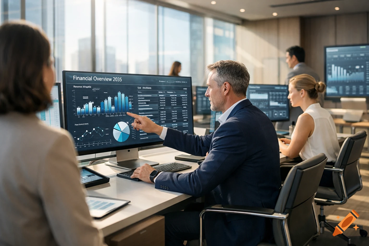 A man in a suit points to a large computer screen displaying financial charts and data in a modern, sunny office with other professionals working.