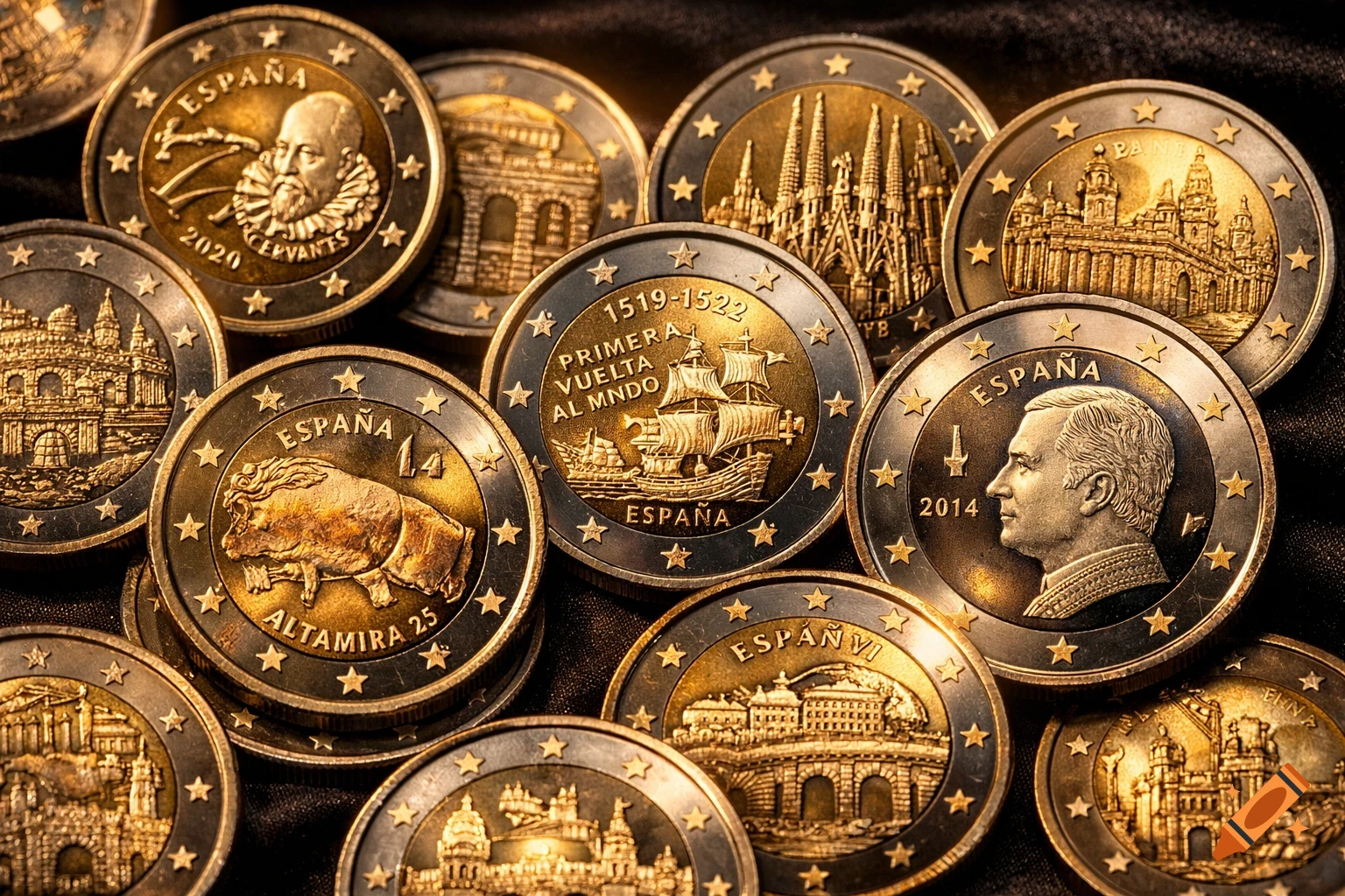 Close-up of a pile of Spanish commemorative 2 Euro coins featuring various historical figures, landmarks, and events.