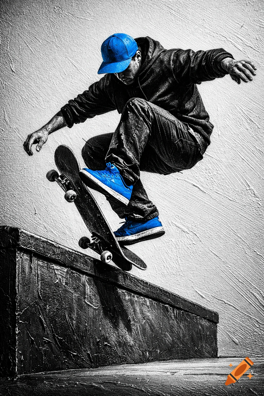 A skateboarder in a blue cap and shoes mid-air over a concrete ledge, rendered in black and white with blue color pop and textured relief.