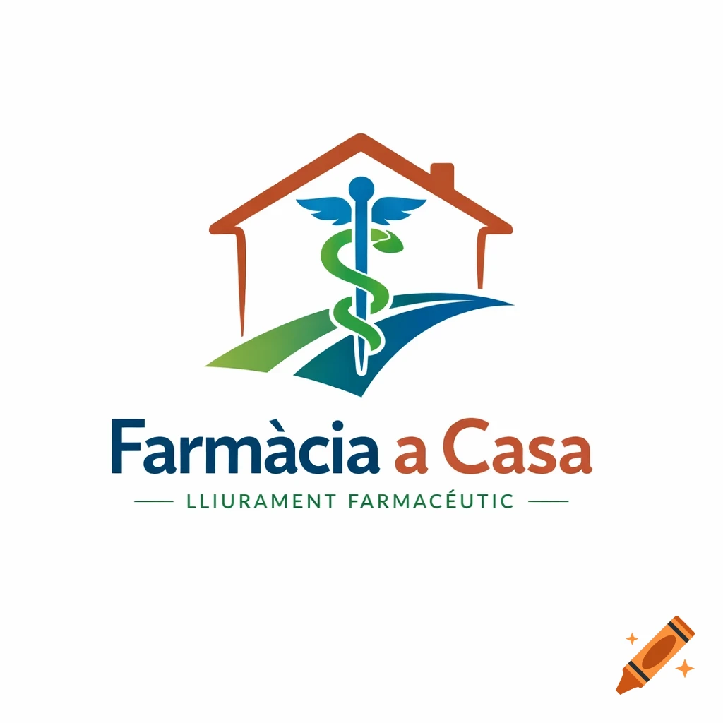 Logo with a stylized house, caduceus symbol, and a road leading towards the house, with text "Farmàcia a Casa LLIURAMENT FARMACÈUTIC".