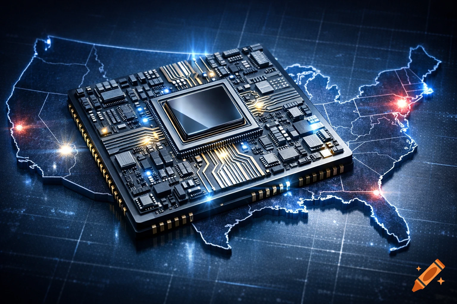 A detailed 3D microchip with glowing circuits is centered over a luminous outline map of the USA on a dark background.