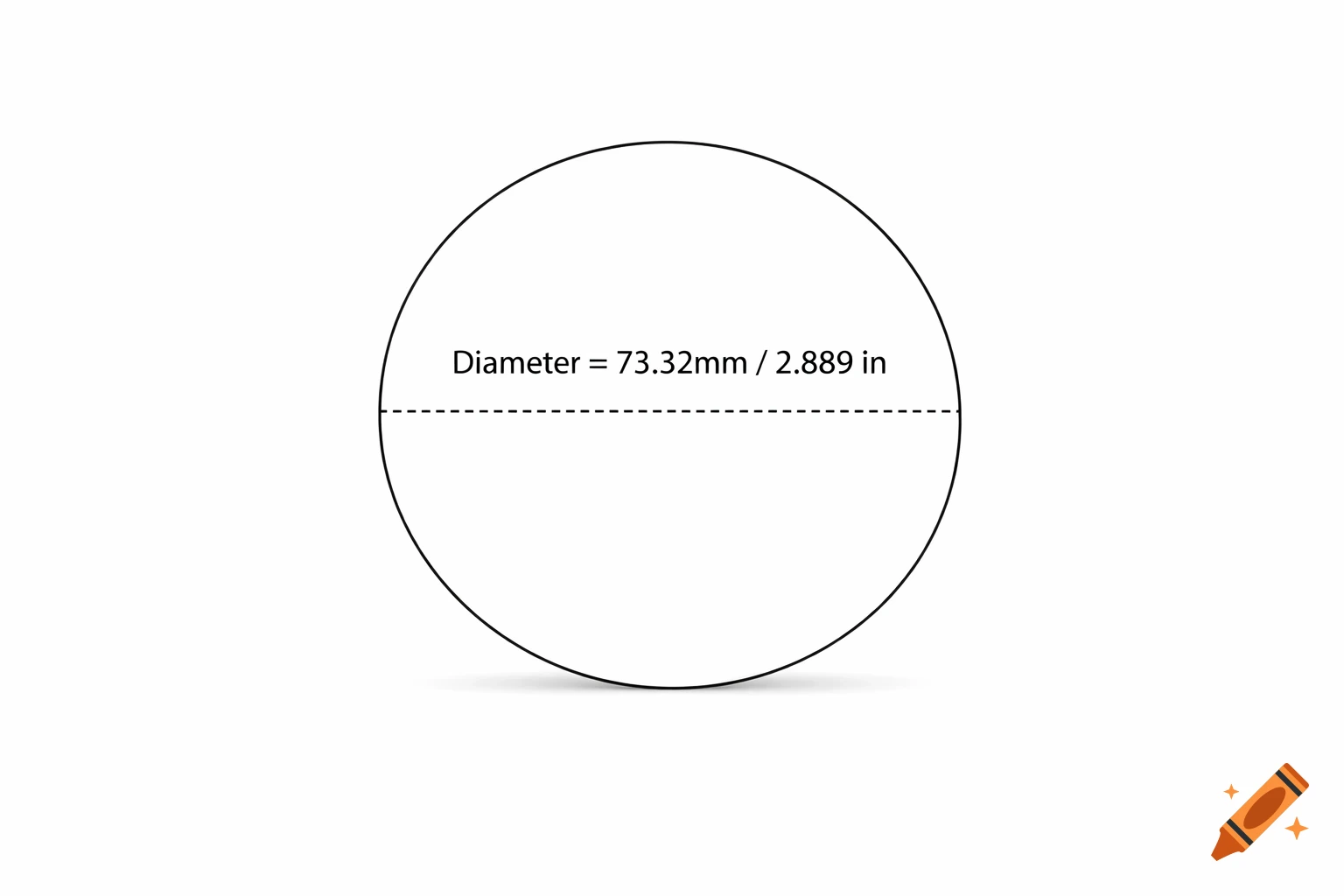 A black outlined circle with a dashed line representing its diameter, labeled 'Diameter = 73.32mm / 2.889 in'.