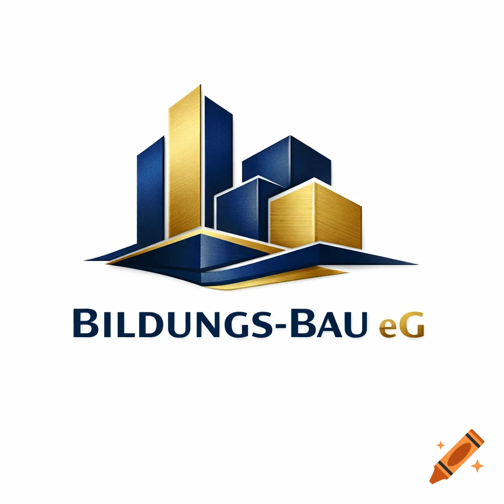 A modern logo featuring abstract golden and navy blue building structures with the text BILDUNGS-BAU eG.