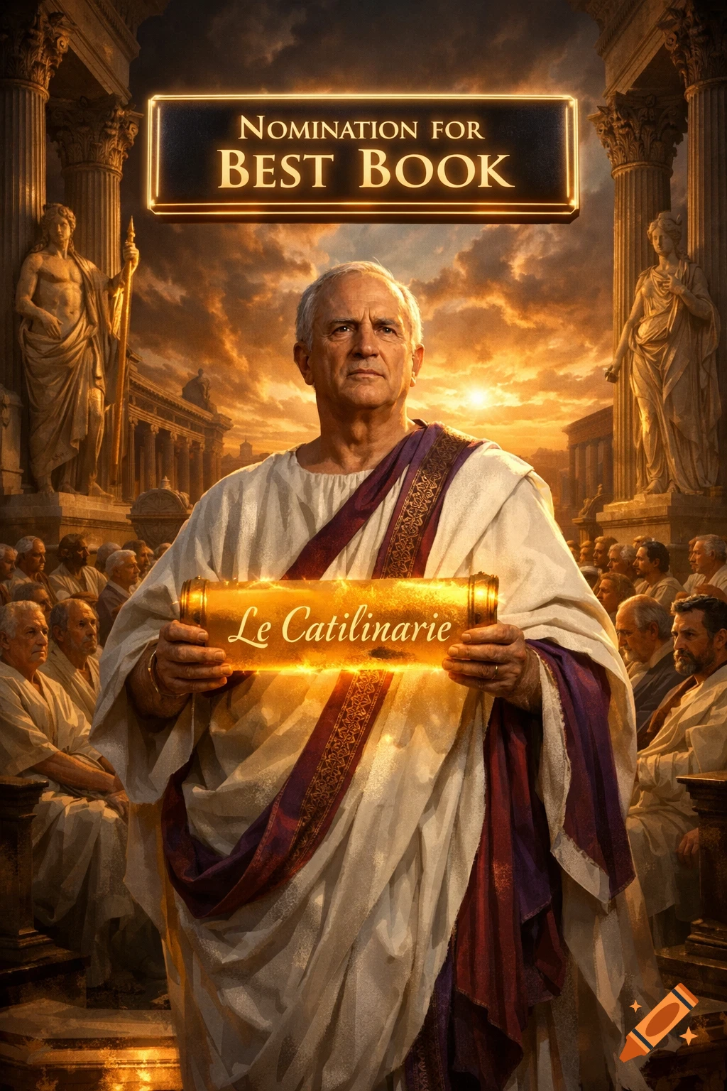 An elder Roman statesman in a toga holds a golden scroll, "Le Catilinarie," under a "Nomination for Best Book" sign, with the Senate in the background at sunset.
