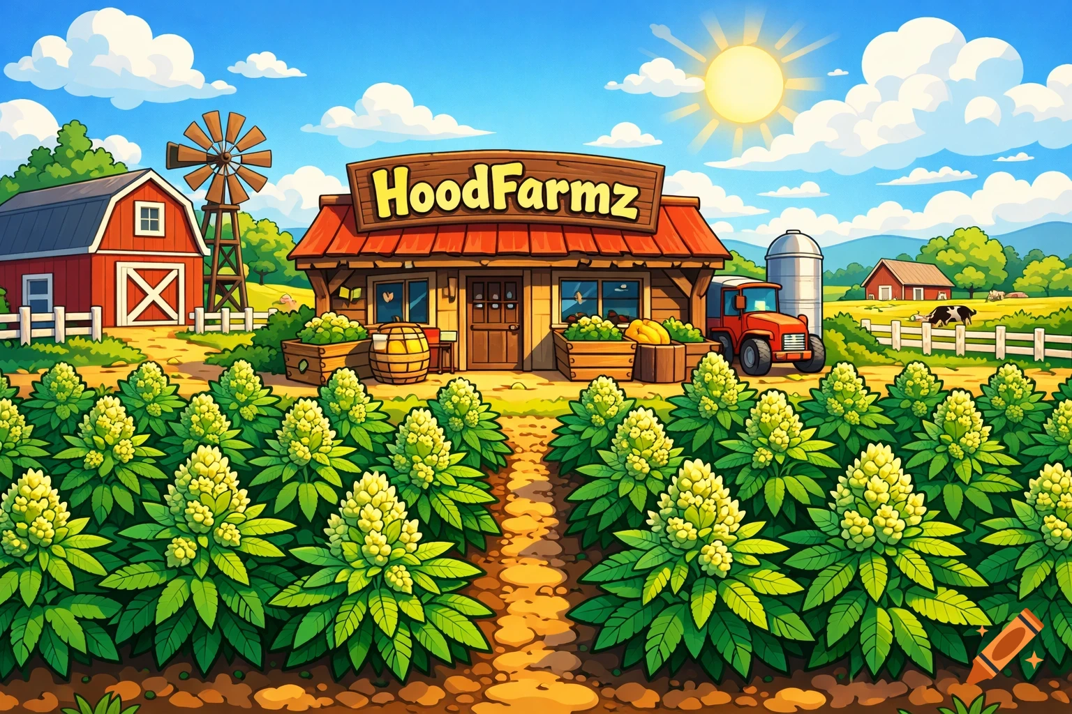 Cartoon illustration of a farm with flowering CBD plants, a shop called "HoodFarmz", a barn, and a tractor under a sunny sky.