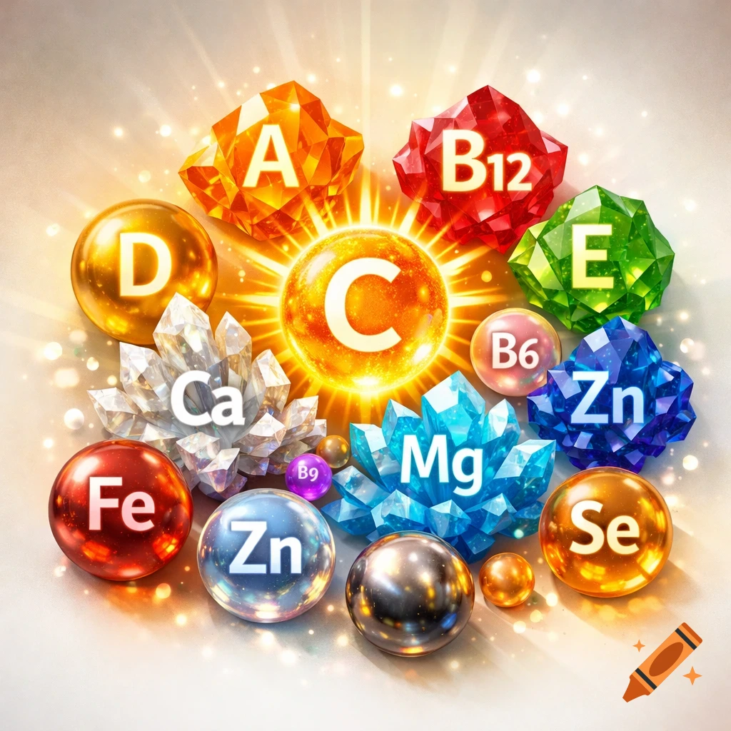 A vibrant collection of colorful, shiny crystals and spheres, each labeled with a vitamin or mineral symbol like C, A, B12, D, E, Ca, Zn, Fe, Mg, B6, B9, Se.