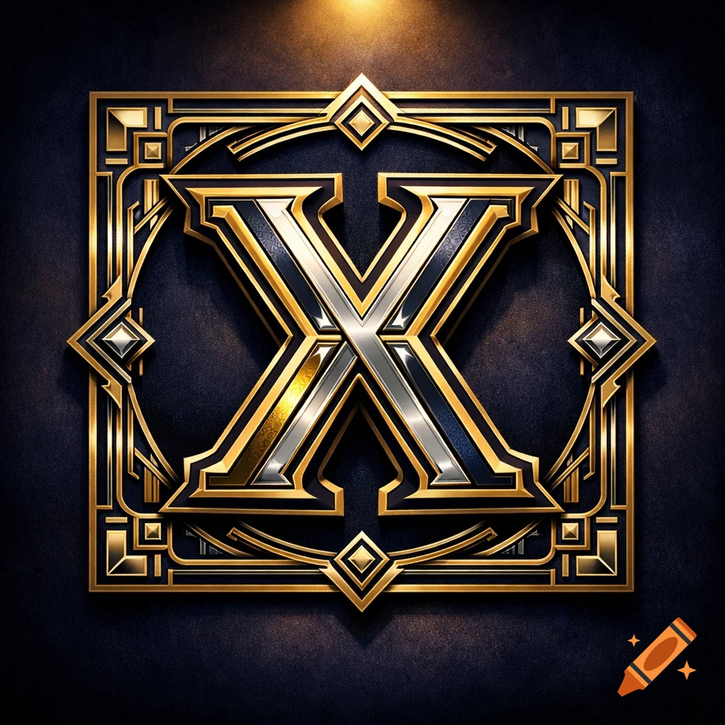 A metallic gold and silver letter X in an ornate Art Deco style square frame on a dark background.