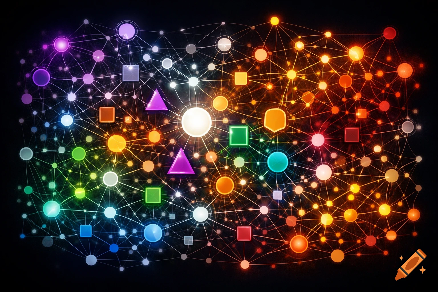 Vibrant abstract network of glowing colorful nodes, lines, and geometric shapes (circles, squares, triangles, hexagons) against a dark background.