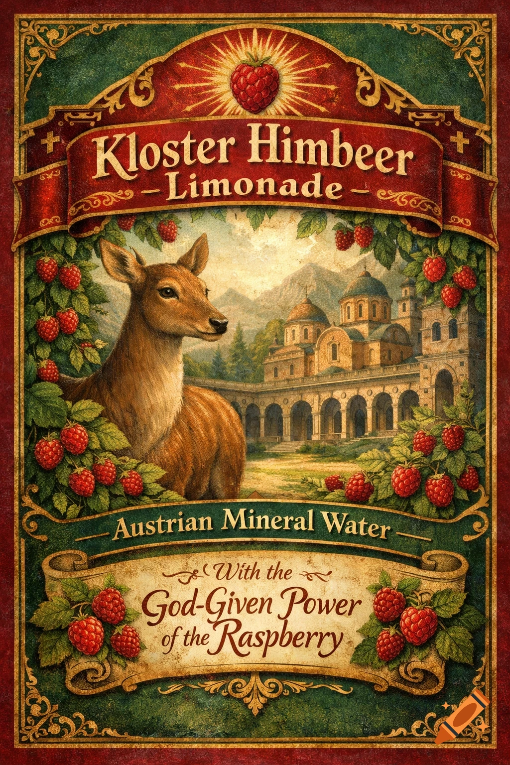 A vintage-style label for "Kloster Himbeer Limonade" with a deer, raspberries, and a monastery, framed by ornate borders. Text reads "Austrian Mineral Water" and "With the God-Given Power of the Raspberry".