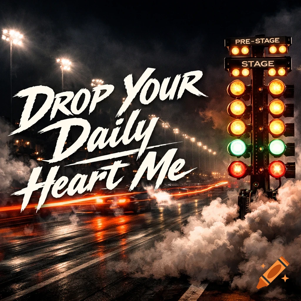 Photorealistic night drag race with a race tree, smoke, car light trails, and "Drop Your Daily Heart Me" text.