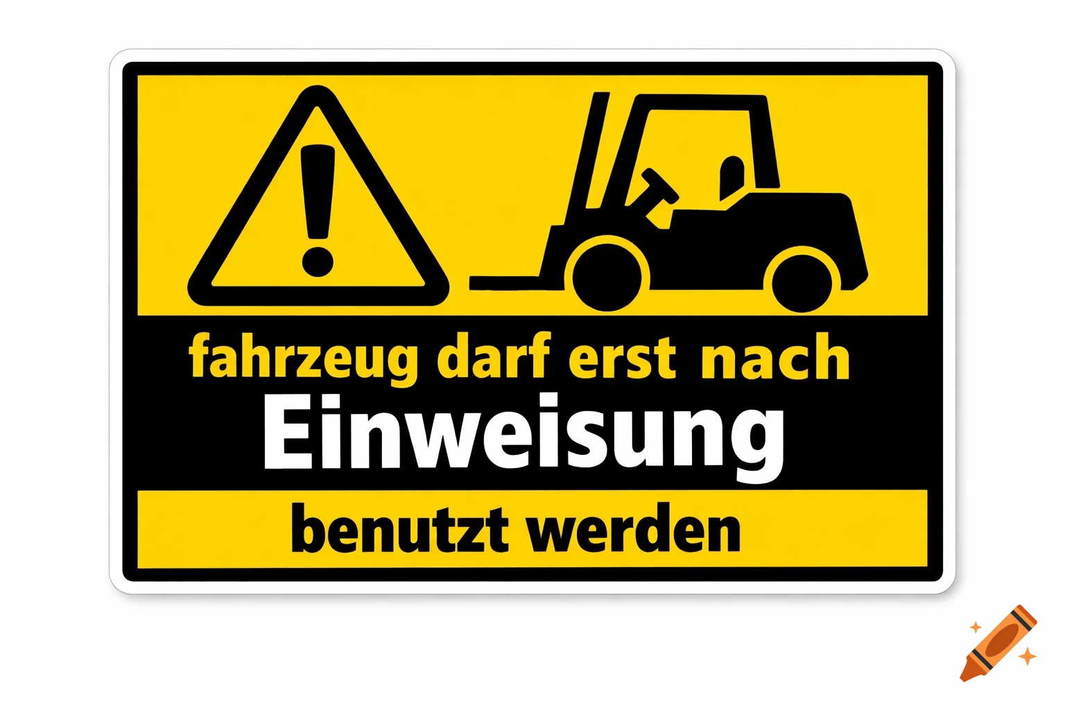 Yellow and black warning sign with a caution triangle, forklift icon, and German text: 'fahrzeug darf erst nach Einweisung benutzt werden'.