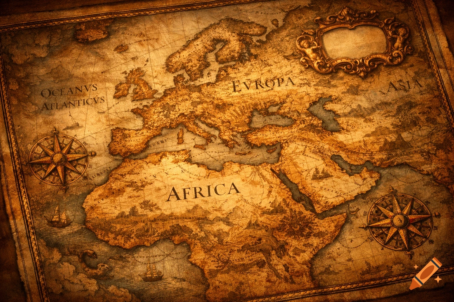An antique-style map in warm sepia tones, depicting Europe, Africa, and parts of Asia with compass roses and old sailing ships.