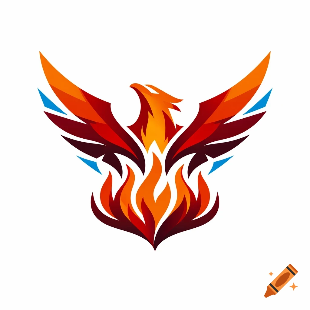 Stylized phoenix logo with fiery wings and a tail of flames in vibrant orange, red, and blue accents on a white background.