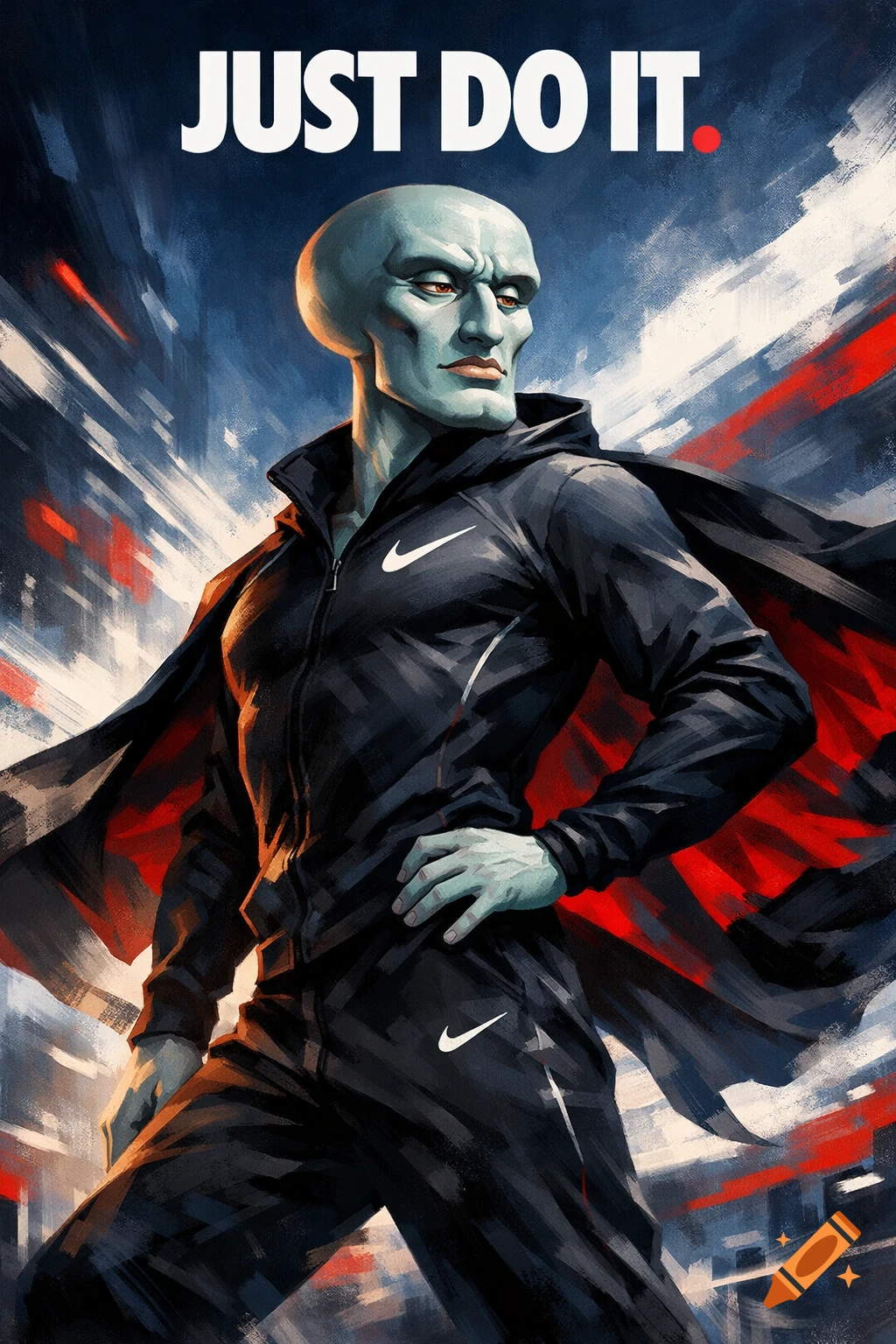 Handsome Squidward in a black Nike tracksuit and cape, striking a heroic pose under 'JUST DO IT.' on a dramatic blue and red background.