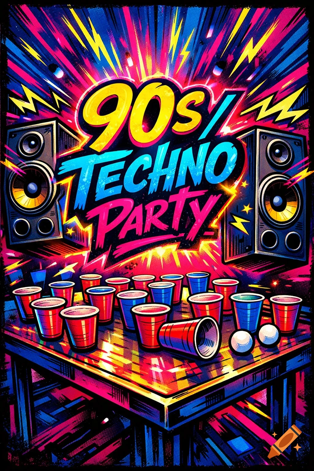 Vibrant neon-style flyer for a 90s Techno Party with speaker boxes and red and blue cups on a table.