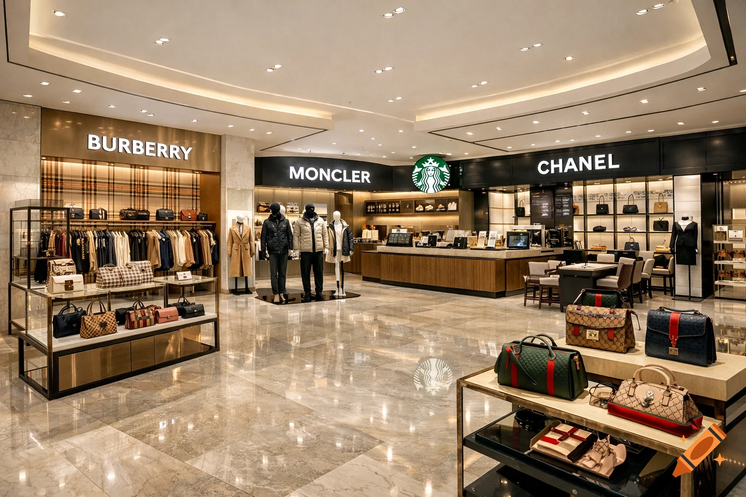 An elegant, brightly lit luxury department store interior featuring sections for Burberry, Moncler, Chanel, and a Starbucks cafe, with designer bags on display.