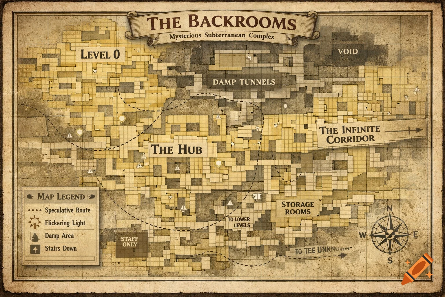 An old, parchment-style map titled 'The Backrooms Mysterious Subterranean Complex' showing various levels, tunnels, and rooms like 'Level 0', 'The Hub', 'Damp Tunnels', 'Void', and 'Storage Rooms', with a legend and compass rose.