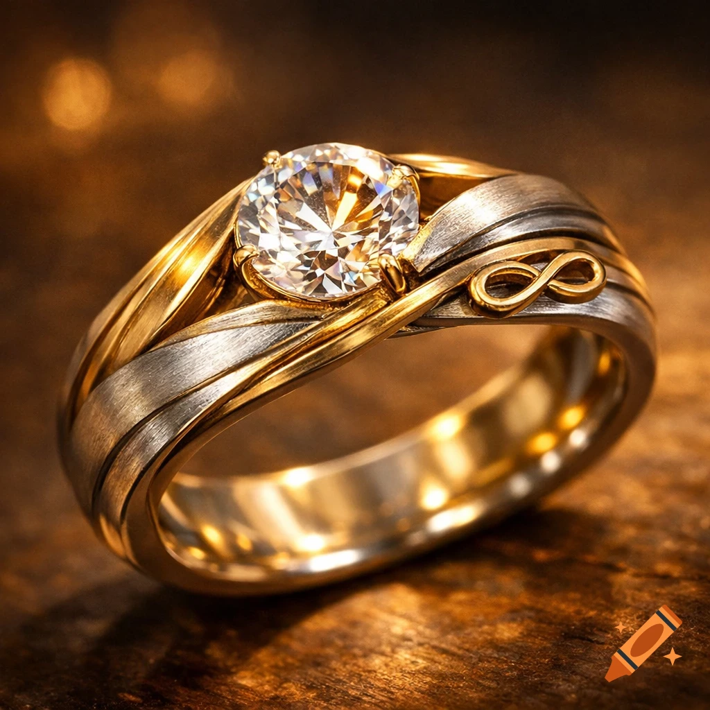 A close-up of a two-tone gold and silver ring with a large round diamond and an infinity symbol on the band.