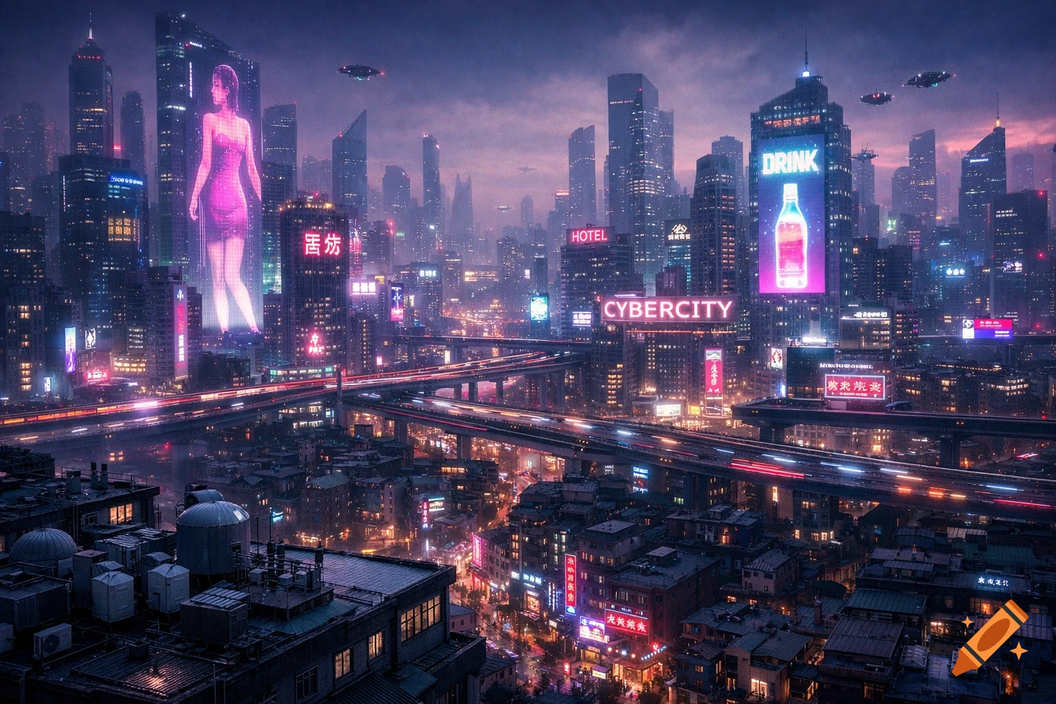 A vast futuristic cyberpunk city at night with neon-lit skyscrapers ...