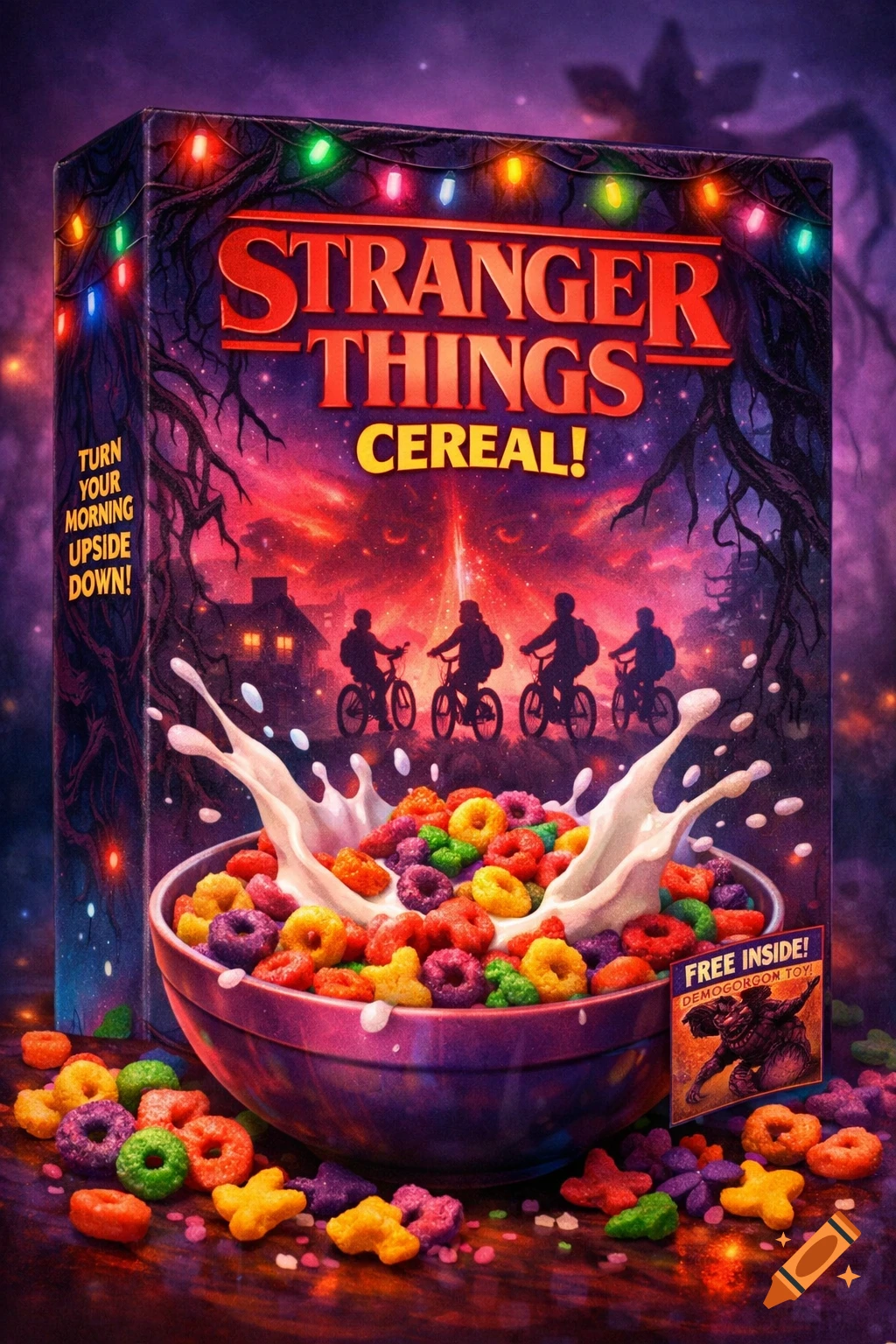 A vibrant Stranger Things cereal box next to a bowl of colorful cereal with milk splashing, featuring silhouettes of children on bikes.