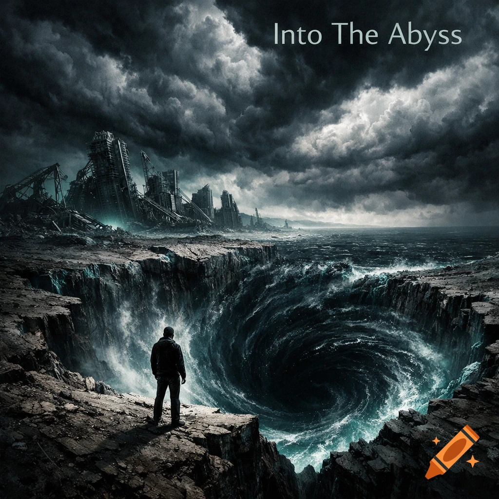 A lone figure stands at the edge of a dark, swirling abyss, under stormy skies with ruined buildings in the distance. Text reads 'Into The Abyss'.