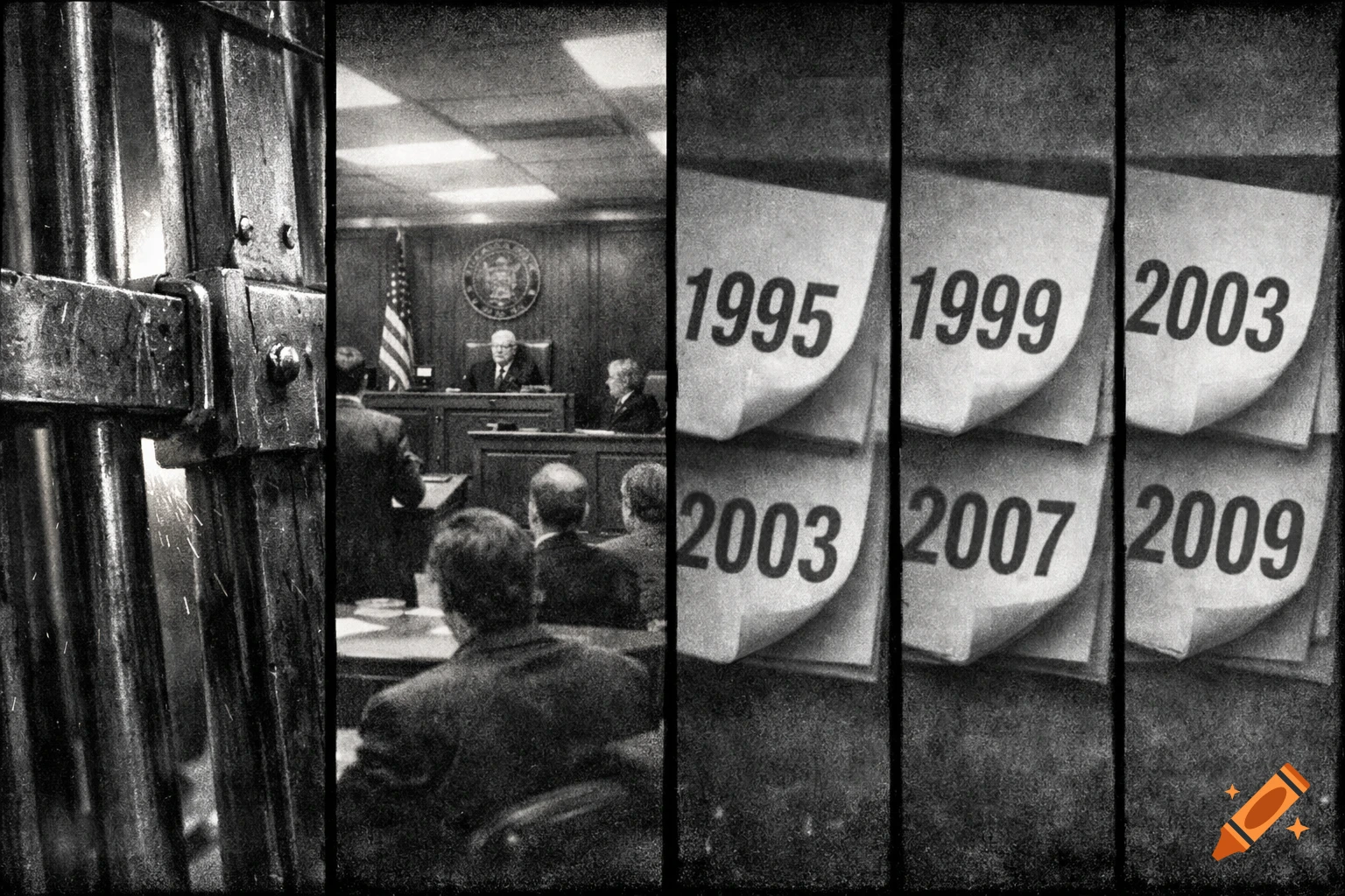 Black and white split image showing prison bars, a 1990s courtroom with a judge, and a calendar flipping through years 1995 to 2009.