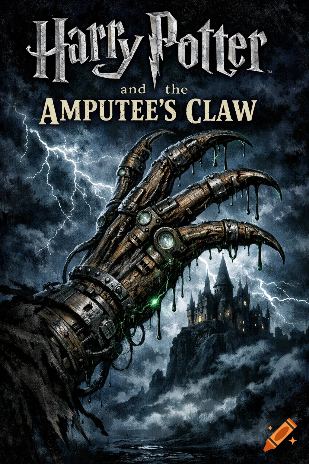 Book cover for 'Harry Potter and the Amputee's Claw' showing a monstrous mechanical claw dripping goo over a dark castle under lightning.