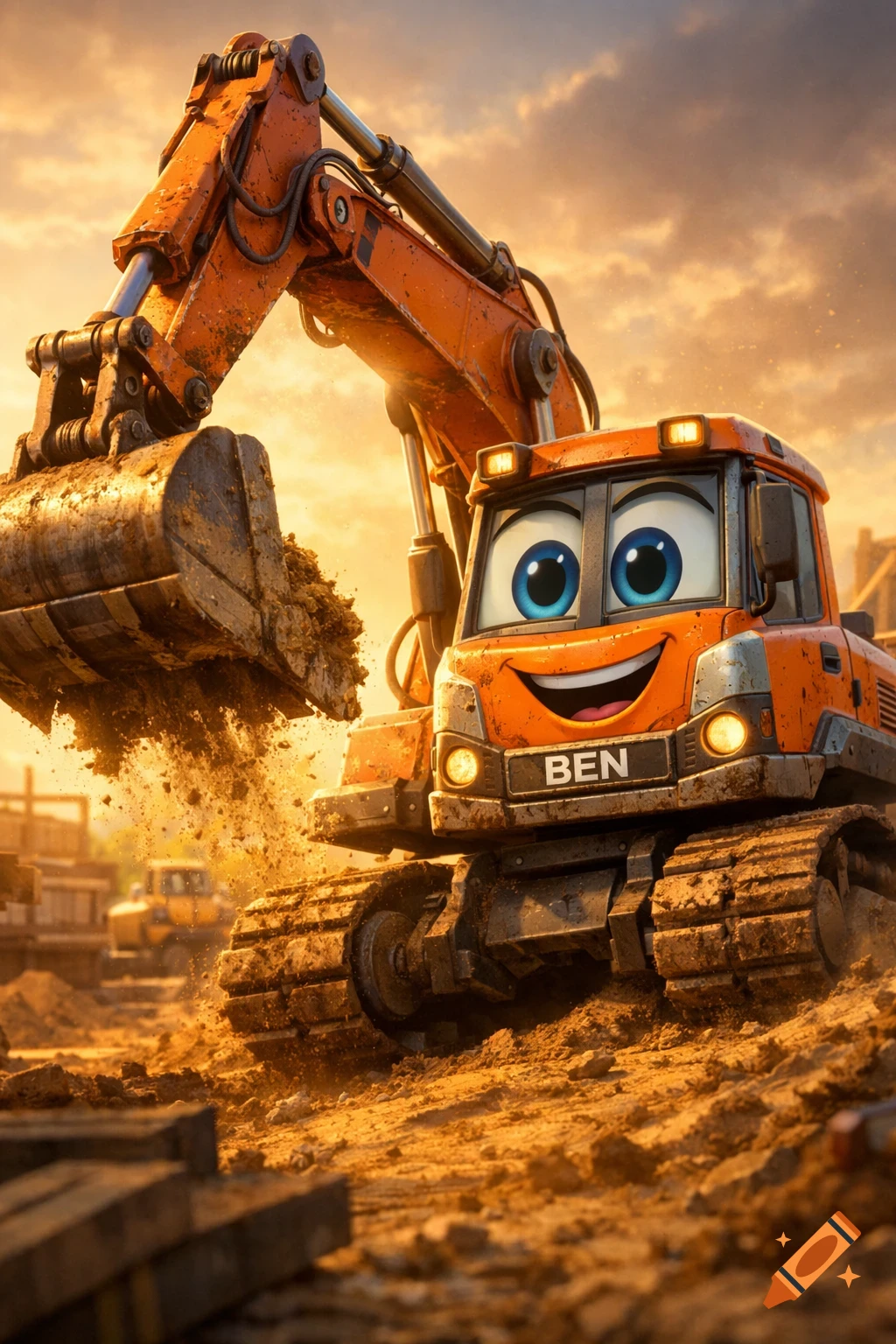 A smiling orange cartoon excavator named Ben digs in a dirt construction site under a golden sky.