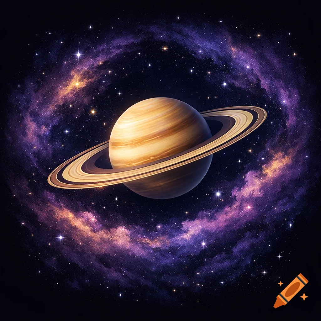Saturn with its prominent rings centered in a vibrant purple and orange nebula filled with stars.