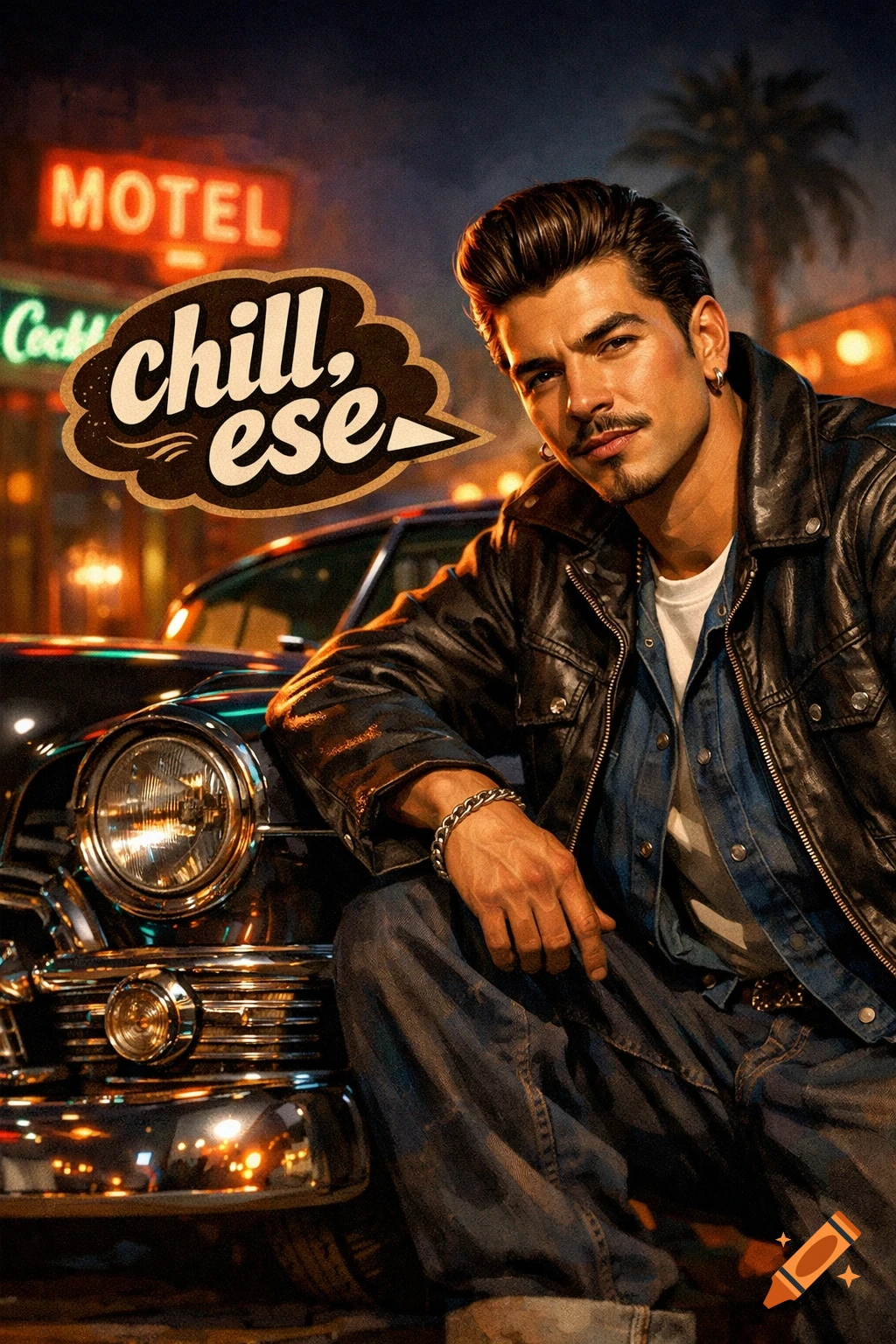A man in a leather jacket leans on a vintage car at night, a neon 'MOTEL' sign behind him, with 'chill, ese' in a speech bubble.