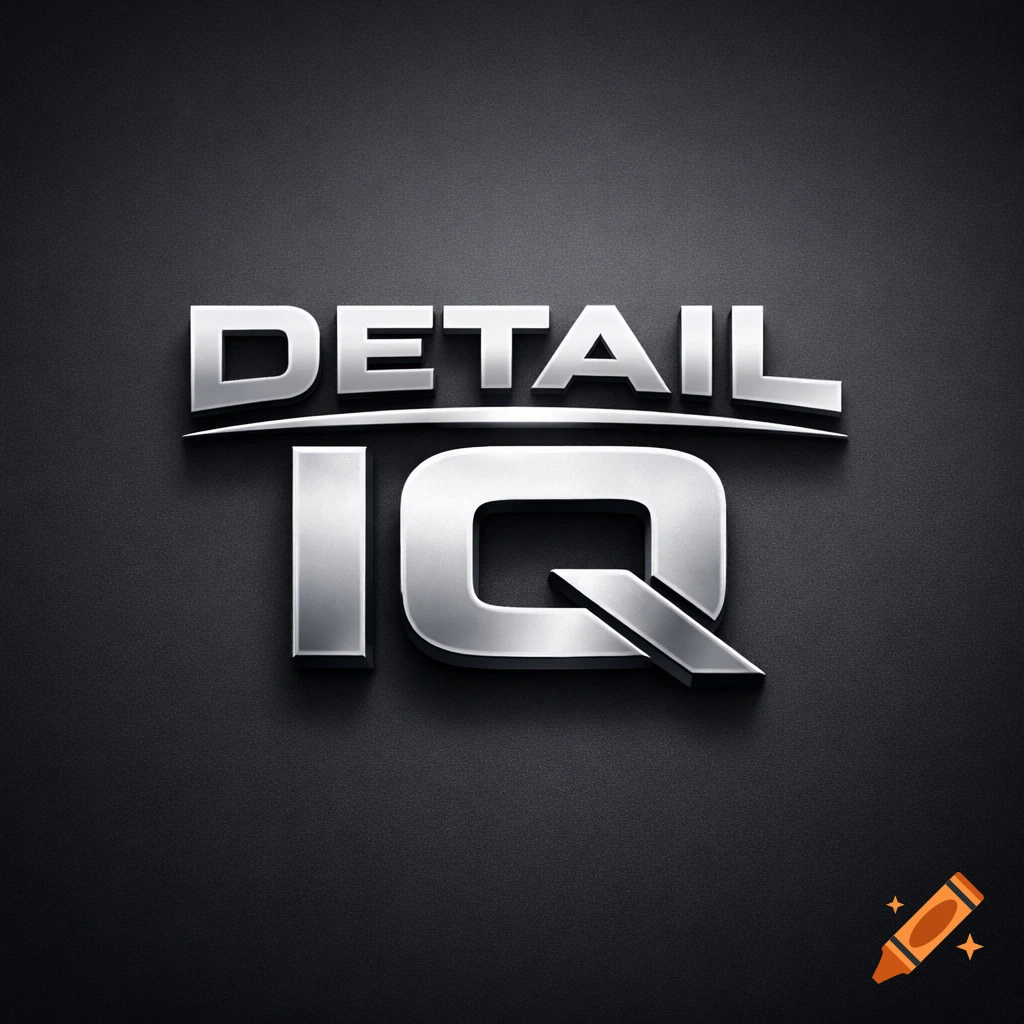 Sleek 3D metallic logo for 'DETAIL IQ' with a shadowed effect on a dark background.