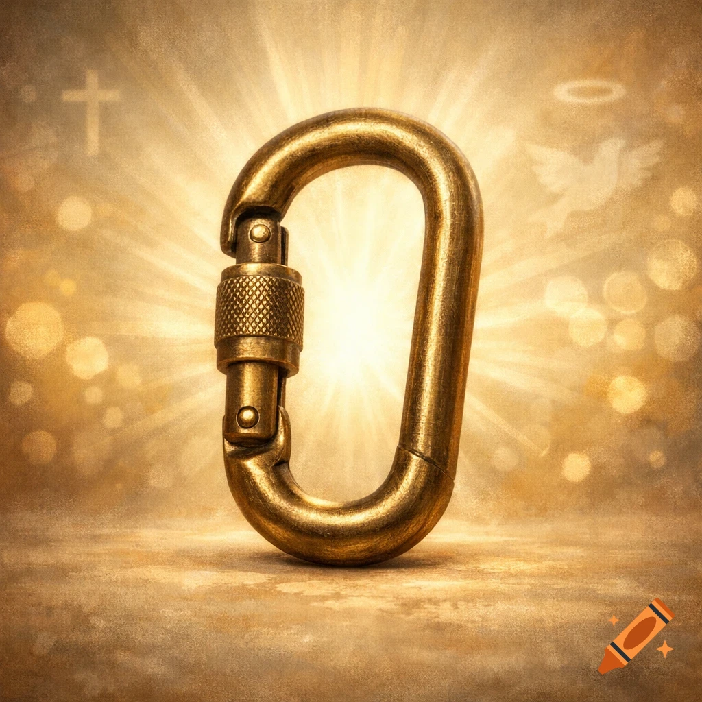 A golden carabiner stands against a radiant golden background, subtly featuring a cross, dove, and halo.