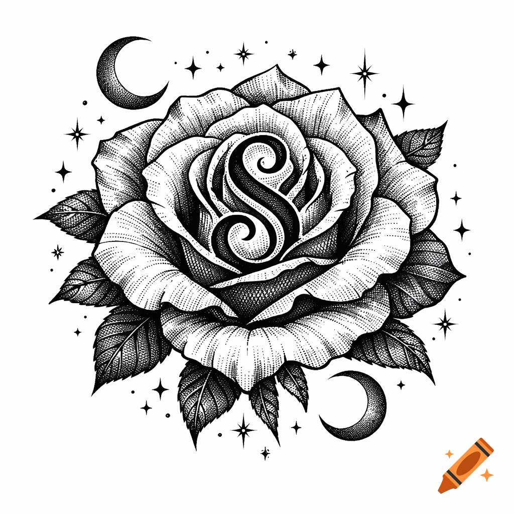 Blackwork tattoo design of a gothic rose with an 'S' in its center, surrounded by dotwork crescent moons and stars on a white background.