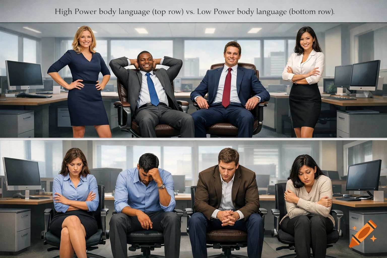 Photorealistic image of diverse business professionals in an office. Top row shows high-power body language; bottom row shows low-power body language.