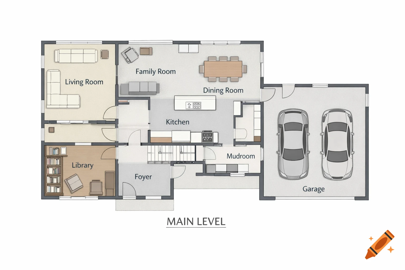 A top-down architectural floor plan of a main level house featuring a living room, family room, dining room, kitchen, library, mudroom, foyer, and a two-car garage.
