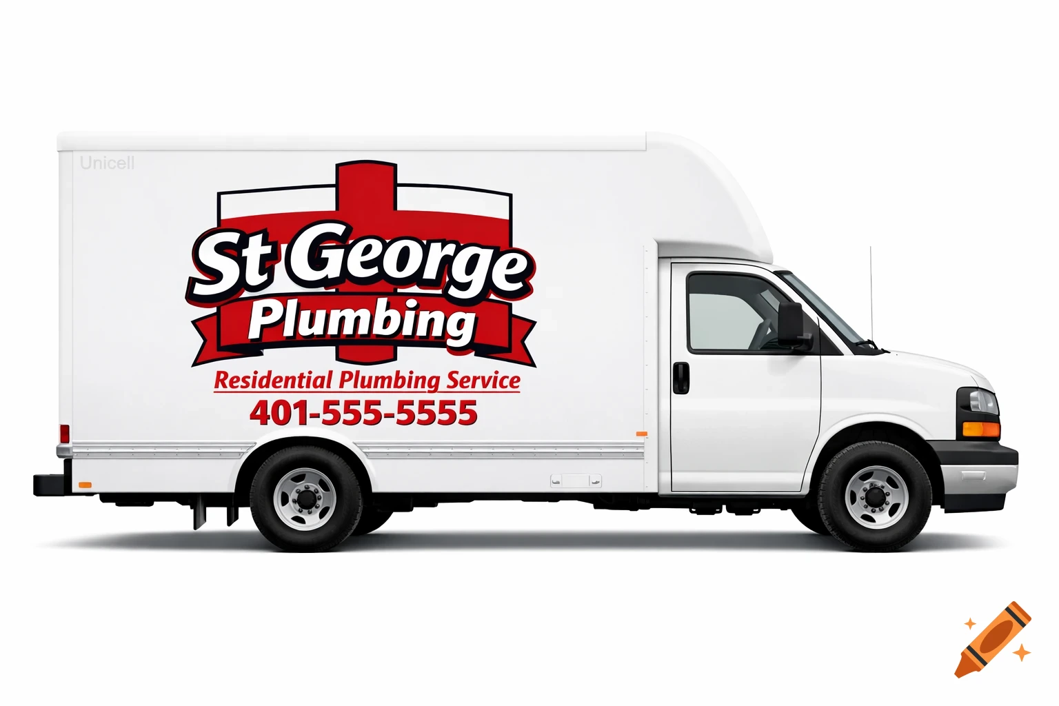 A white commercial box truck with the 'St George Plumbing Residential Plumbing Service 401-555-5555' logo on its side, against a white background.